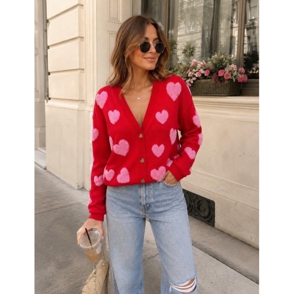 33 Degrees Red Pink Heart Buttons Valentine Cardigan Love Chenille Hearts XXL